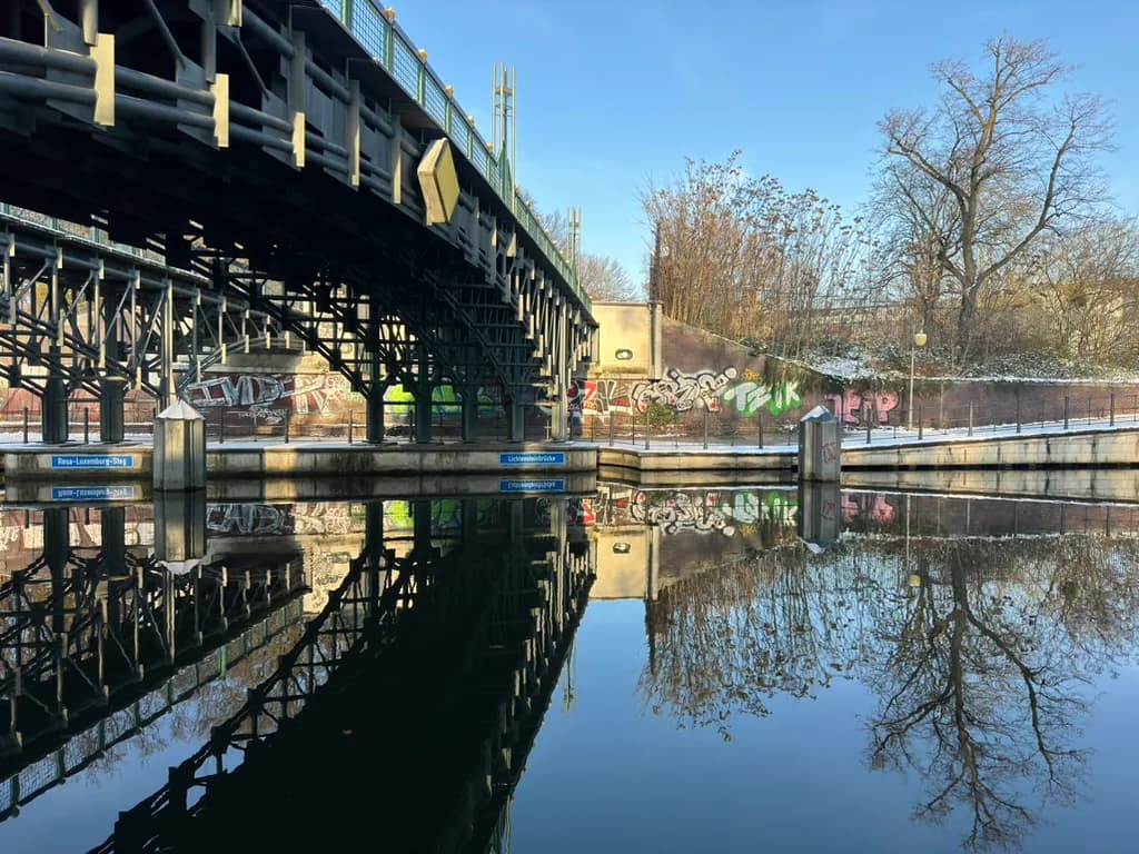 A canal beneath a bridge in Berlin